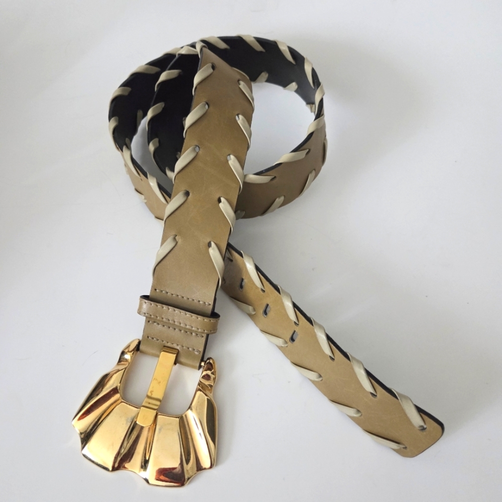 Escada | Vintage Leather Belt with Gold Buckle and Whip Stitch Detail
